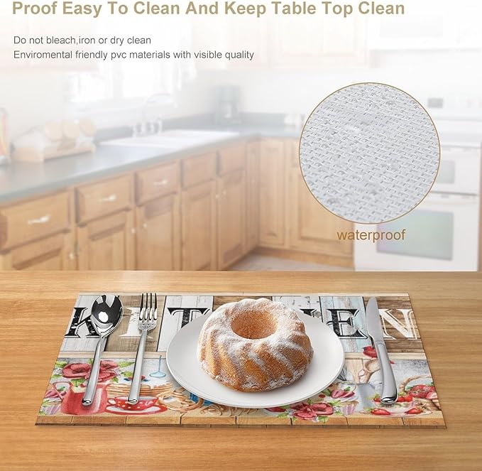 Farmhouse Vintage Kitchen Placemats Rustic Wood Plank Barn Door Retro Strawberry Utensils Knives and Forks Placemats Table Dining Party 12x18 Inch Set of 4