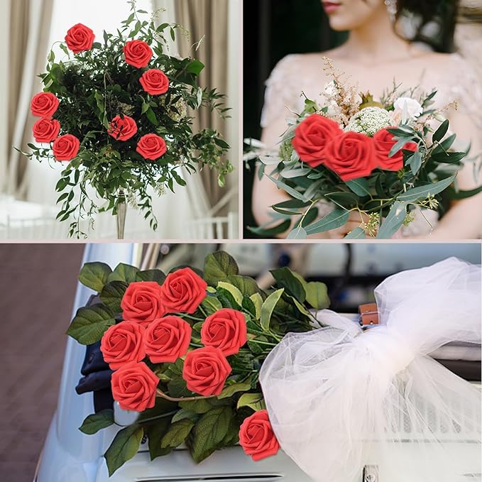 Artificial Flowers Red Roses Real Looking Foam Fake Roses 50PCS with Leaves and for DIY Wedding Bouquets Bridal Shower Centerpieces Party Decorations (Red)