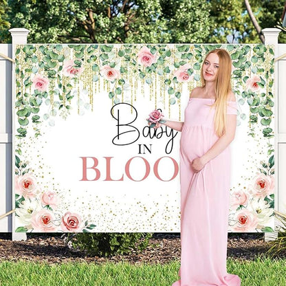 Sensfun Baby in Bloom Backdrop Green Leaves Pink Flowers Baby Shower Party Decorations Girls Greenery Floral Baby in Bloom Banner Gold Glitter Dots Photography Background Cake Table Supplies 8x6ft
