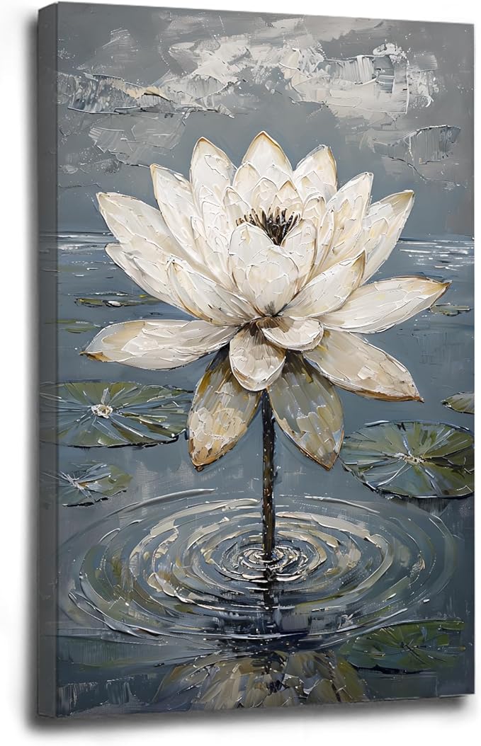 Stunning white lotus emerges from prismatic water with delicate petals background Serene aquatic wall art suitable for modern minimalist decor 28x40in Wood Framed
