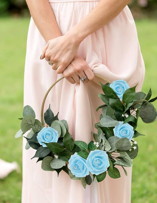 Foam Roses with Pearls 2.56in 50PCS Light Blue Roses Artificial Flowers Bulk Foam Flowers with Stem for Wedding, Bridal Shower, Cake, Graduation and Home Decor(Light Blue)