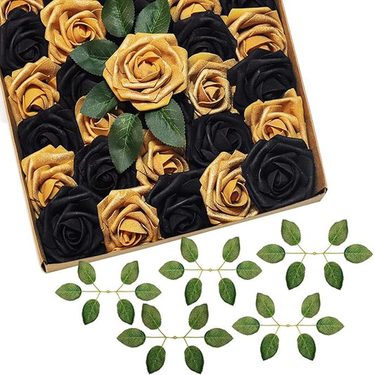 Black and Gold Flowers Artificial Roses for Centerpieces, 50PCS Fake Flowers for Wedding Decorations Bouquets Baby Shower Centerpieces Home Decor Arrangements Party