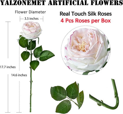 YalzoneMet 3.5'' Big Bloom Flesh Pink Rose Artificial Flowers 4Pcs Real Touch Rose Faux 17.7 Inch Long Stem Austen Roses Peonies Fake Flowers for Home Kitchen Party Christmas Flower Wedding Decor