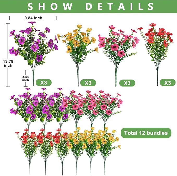 12 Bundles Artificial Flowers for Outdoor,4 Color No Fade UV Resistant Fake Flowers,Faux Plants for Outside Hanging Planters,Artificial Plants for Indoor Porch Garden Home Wedding Decor