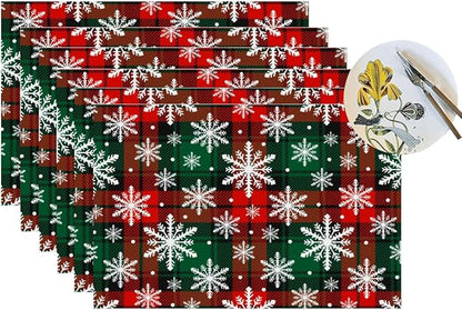 PVC Placemats Set of 6 Wipeable Table Mats Washable Heat Resistant Non Slip Vinyl Dining Table Mat for Kitchen Indoor Outdoor Patio Farmhouse Place Mats Grid Green Red Xmas Decorative
