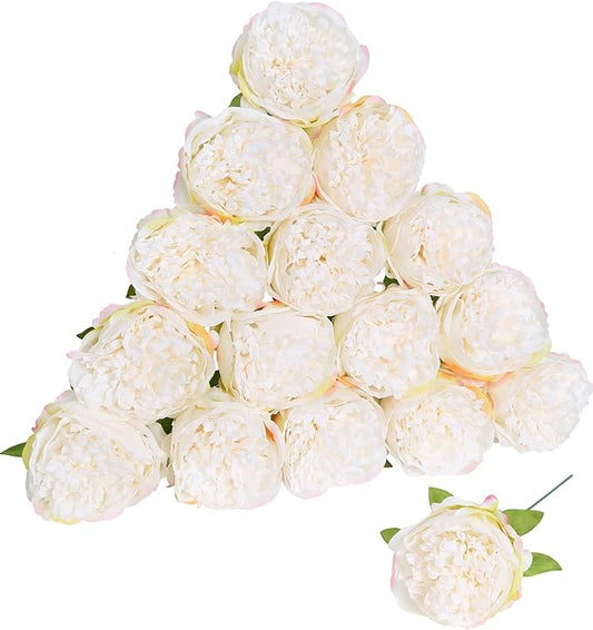 16pcs Peony Artificial Flowers Fake Peonies Bulks Cream White Silk Peonies Flowers Faux Peony Flowers Heads with Stems for Home Wedding Party Festival Baby Shower Decorations (Cream White)