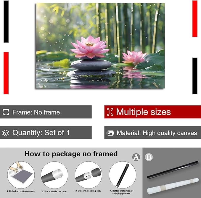 Ethereal pink lotus on obsidian Sunlit bamboo forest with sparkling water drops Poetic nature inspired wall art for tranquil homes and mindful spaces 16x24in Frameless
