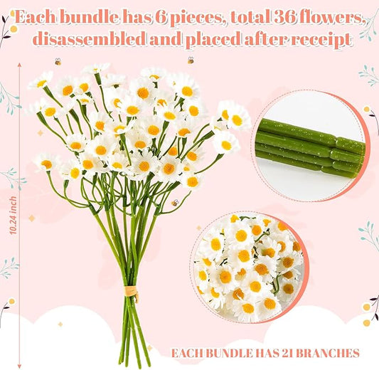 36Pcs Artificial White Daisy Flowers, 6 Bundles 10 Inch Small Fake Daisies for Home Summer Decor, Fake Spring Wild Flowers for Party Decoration