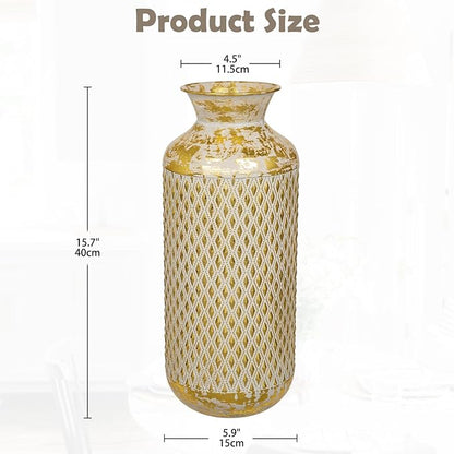 Flower Vase Rustic Metal Vases, 16" Gold Vintage Pattern Vase for Farmhouse Home Décor Artificial Flowers and Centerpieces