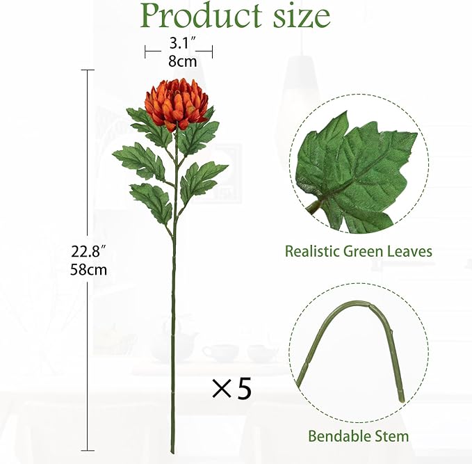 Hollyone 5Pcs Orange Artificial Mums for Outdoors Fall Chrysanthemum Flowers Fake Fall Mums Silk Long Stem Floral Arrangements Bouquets Faux Spider Mum Flower Pincushion Autumn Decorations for Home