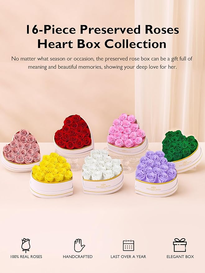 Eterfield 16 Forever Flowers in Heart Shape Box, Preserved Roses That Last a Year Preserved Flowers Birthday Gifts for Her Mom Women Wife Anniversary Valentines Day Mothers Day Christmas, Light Purple