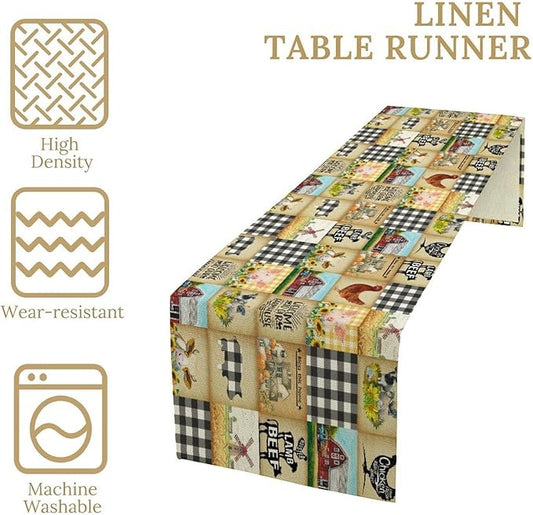 Farmhouse Animals Table Runner,Rustic Cabin Pig Chicken Cow Sunflowers Geometric Grids Burlap for Hotel Indoors Outdoor Dining Room Kitchen Holiday Party, 13x60in