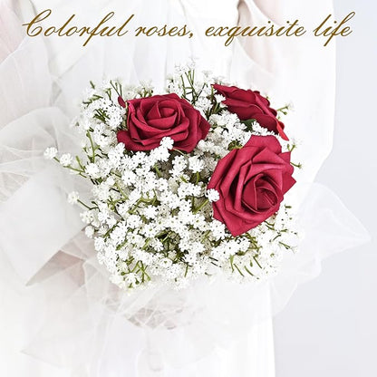 BLEUM CADE 36Pcs Artificial Flowers Fake Roses with Stems, Burgundy Boxed Foam Roses for DIY Bouquets Centerpieces Wedding Party Arrangement Bridal Shower Decor