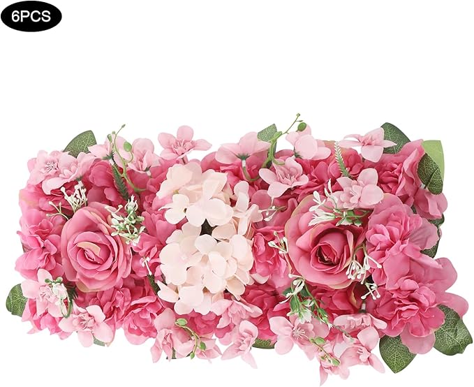 Flower Wall Panel Backdrop, 6pcs 20 X 8 Inch Artificial Floral Panels, Dahlia + Peony + Rose, 3D Fake Silk Flower Backdrop for Wedding Party Dining Table Centerpiece Decorations (Purple and Pink)