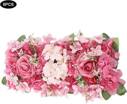 Flower Wall Panel Backdrop, 6pcs 20 X 8 Inch Artificial Floral Panels, Dahlia + Peony + Rose, 3D Fake Silk Flower Backdrop for Wedding Party Dining Table Centerpiece Decorations (Purple and Pink)