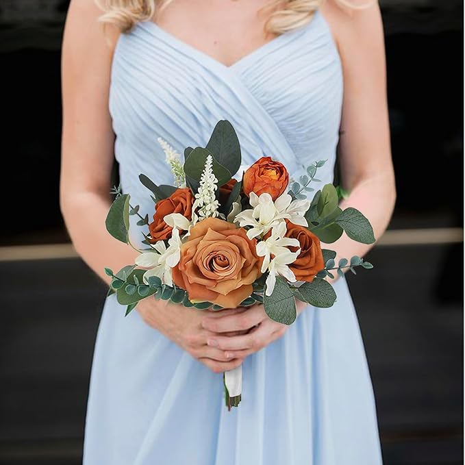 Rinlong 1Pc Fall Wedding Bouquets for Bridesmaids Burnt Orange Sage Artificial Bridesmaid Bouquet for Wedding Prom