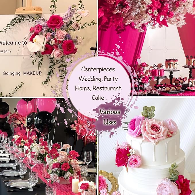 Fuschia Silk Artificial Flowers Combo Box Set Hot Pink Roses Flowers Dahlia DIY Bridal Wedding Bouquets Cake Fake Floral with Stems Arrangements Baby Shower Party Table Centerpieces Home Decor
