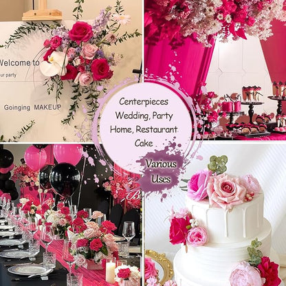 Fuschia Silk Artificial Flowers Combo Box Set Hot Pink Roses Flowers Dahlia DIY Bridal Wedding Bouquets Cake Fake Floral with Stems Arrangements Baby Shower Party Table Centerpieces Home Decor