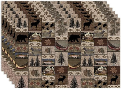 Retro Rustic Bears Deers Lodge Placemats Set of 6, Vintage Cabin Country Farmhouse Style Place Mats, Heat Resistant Non Slip Cotton Linen Dining Table Mats for Home Kitchen Party 18x12 Inch