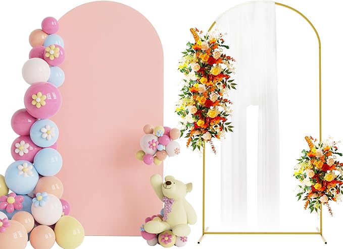 Putros 6.6ft Metal Arch Stand with Cover Pale Pink Spandex Fitted Wedding Arch Cover and Round Top Chiara Backdrop Stand Set for Birthday Party Baby Shower Decoration
