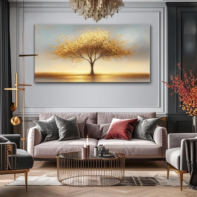 LAVIKARS Modern Tree of Life Wall Art for Living Room Office Golden Sunset Abstract Landscape Canvas Painting Prints Large Nature Artwork Home Kitchen Bedroom Decor (23x46 Inches)