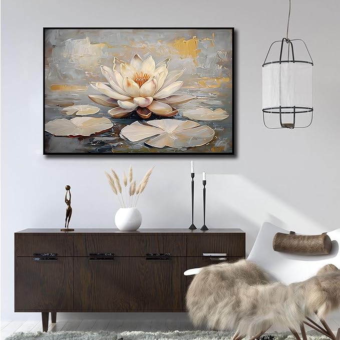 Ethereal white lotus floating on Crystal Waters poster vintage oil painting printwall art soft blush and gold accents serene home and office decor dreamy 20x30in Metal blackFramed