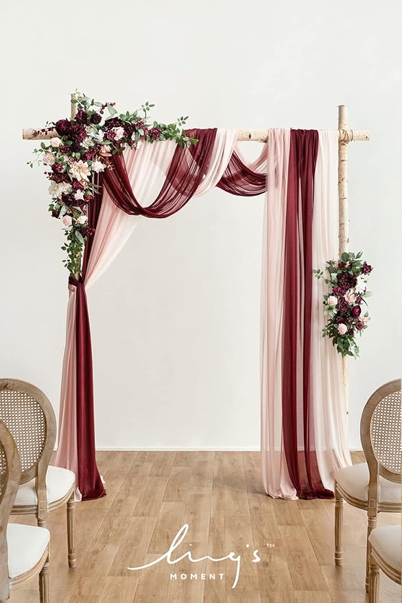 Ling's moment Deluxe Wedding Arch Flowers with Drapes Kit-Pack of 5, 2pcs Flower Arrangements 3pcs Hanging Sheer Drapes Pink Ceremony Arbor Red Backdrop Artificial Rose Floral Decorations
