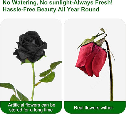 Fake Plants Roses Flowers Plastic Flowers Spring Decorations for Home Gifts for Gf Roses Artificial Flowers for Vase Fake Flowers Home Decor 19.6"(Black 50PCS)