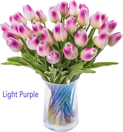 30pcs Artificial Tulips Flowers Real Touch Multicolored Tulips Fake Holland PU Tulip Bouquet Latex Flowers for Wedding Party Office Home Kitchen Decoration (Champagne Light Purple Pink)