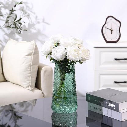 Glass Vase, Green Flower Vase for Bouquet, Large Glass Vases for Flowers, Modern Vases for Living Room, Bedroom, Dining Table, Office, Kitchen, Wedding, 9 Inches