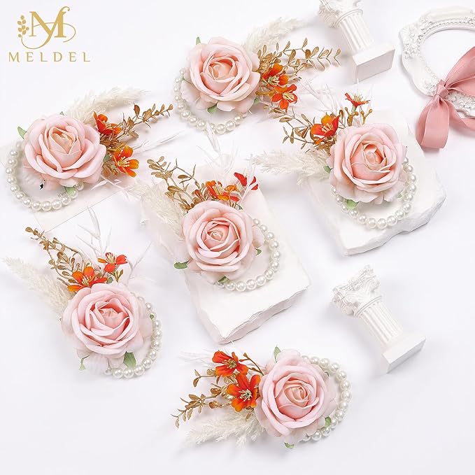 Meldel Pink Velvet Rose Wrist Corsage, Set of 6, Wedding Bridal Flower Corsage Hand Decor for Prom Party Homecoming, Wristband Flowers Bride, Bridesmaid, Girl,Mother of The Bride Corsage