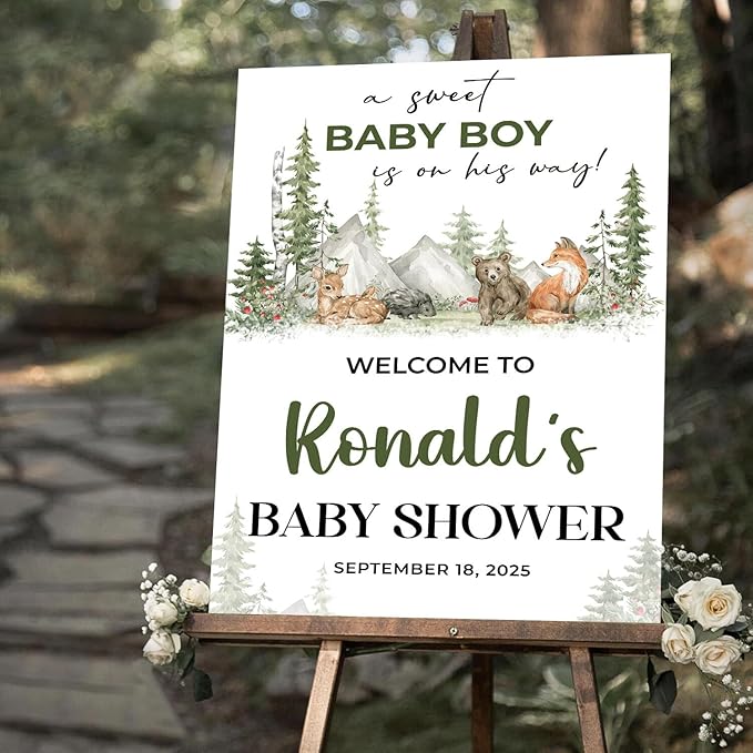 Personalized Baby Shower Welcome Sign With Stand, A Sweet Baby Boy Is On His Way Sign, Forest Animal Sign Decorations, Printable Garden Animal Welcome Sign