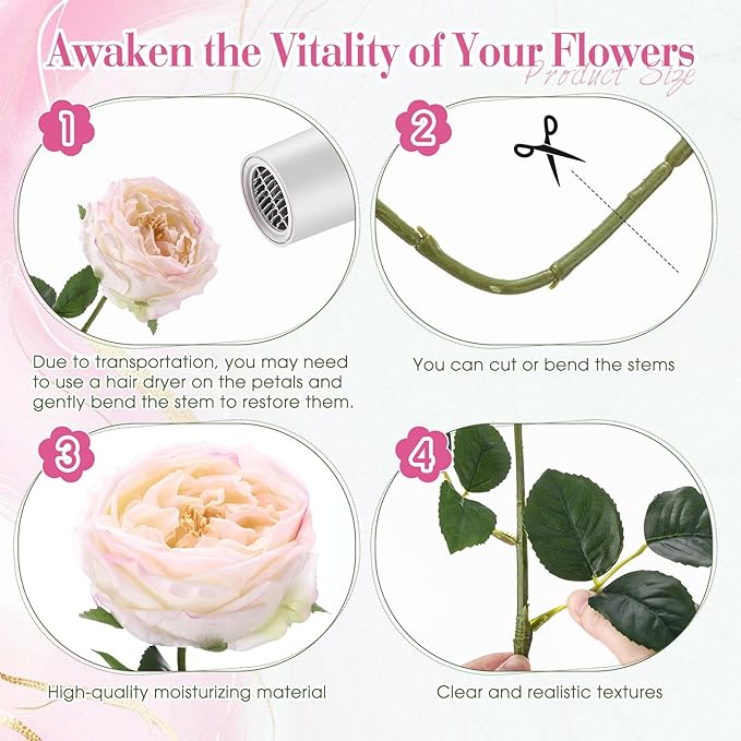 Giegxin 20 Pcs Real Touch Peonies Austin Roses Artificial Flowers, Faux Look Real Long Stems Fake Flower with Big Blooms for Christmas Valentines Wedding Party DIY Arrangement Home Decor(Light Pink)