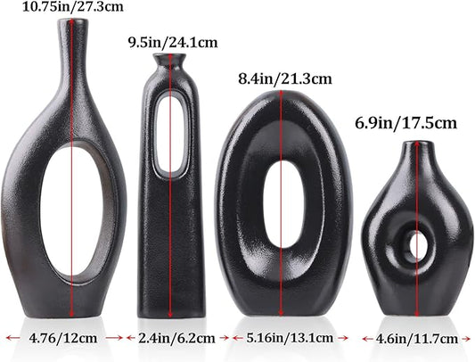Black Ceramic Vase Set of 4 - Round Hollow Boho Vases for Pampas Grass and Flowers Decor, Modern Minimalist Small Vases for Living Room, Bedroom, Fireplace, Coffee Table Decor, and Centerpieces