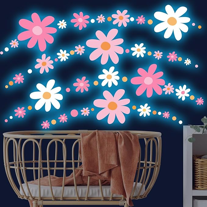 Glow in The Dark Big Daisy Wall Decals，Glowing Luminous Large Cute Daisy Wall Stickers Colorful Removable self-Adhesive Pink White Flower Decals for Girls Bedroom Kids Baby Nursery Living Room Decor