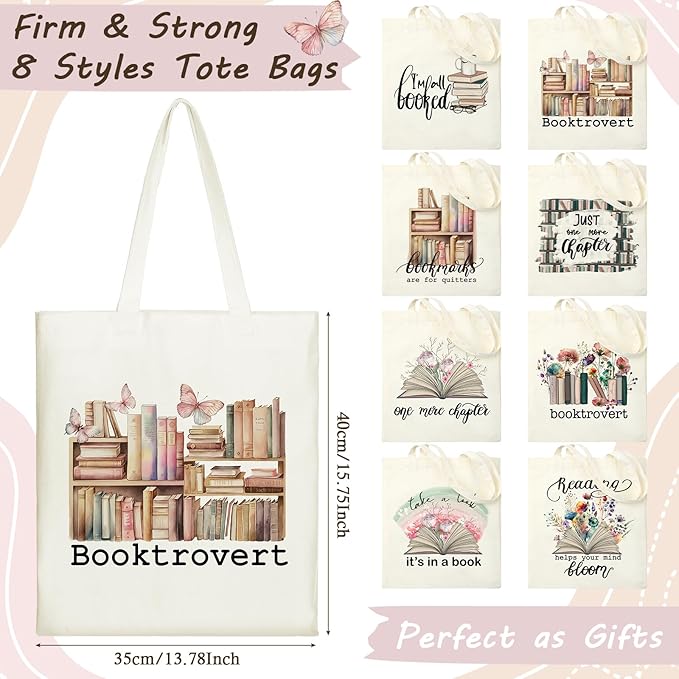 Sweetude 8 Pcs Christmas Book Lovers Club Gifts Bulk Canvas Tote Bags Bookish Librarian Reader Gift for Women Teacher Present(Book,Flower)