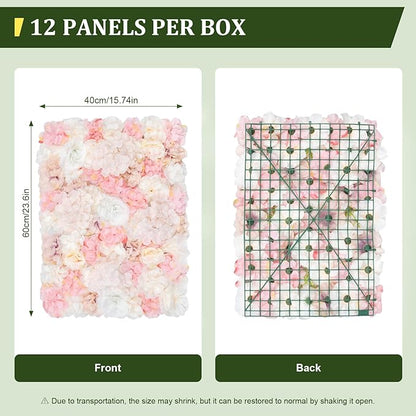 12 Pcs Artificial Flower Wall Panels, 24"x16" 3D Pink Silk Dahlia Hydrangea Rose Flowers Wall Backdrop Artificial Silk Fabric Flower Banquet Wedding Party Decor for Stage Background (Type 1)