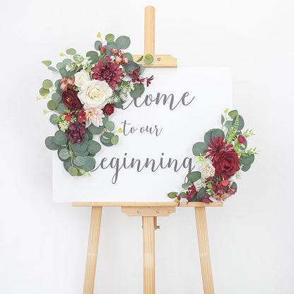 2pcs Wedding Arch Flowers,Wedding Artificial Sign Flower,Welcome Easel Door Decor Wall swags for Reception Backdrop Table Decorations Welcome Sign (Wine Red)