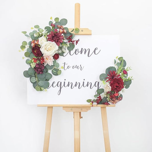 2pcs Wedding Arch Flowers,Wedding Artificial Sign Flower,Welcome Easel Door Decor Wall swags for Reception Backdrop Table Decorations Welcome Sign (Wine Red)