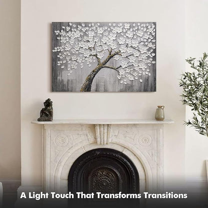 JUHOME Hand-Painted Black and White Thick Texture Flowers Abstract Oil Painting Wall Art,Floral Plum Blossom Tree with Raised Details,Modern Neutral Wall Decor for Home Bedroom,24x36