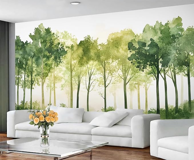 Watercolor Forest Wall Mural, Minimalist Forest Scene 3D Wall Murals, Nordic Nature Wallpaper Mural, for Living Room Bedroom Large Wallpaper Indoor Decor 157.5" W x110.3 H