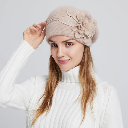 Flower Women Beret, Double Layer Thickened Winter Knitted Beanie Beret Hat, Stylish French Dress Beret Hats for Women