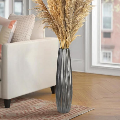 Silvery Ceramic Tall Floor Vase,17.7 Inch Large Modern Flower Vases for Home Décor,Wicker Big Floor Vases Decorations for Farmhouse, Living Room,Bedroom,Standing Plastic Vase Decorative Tall