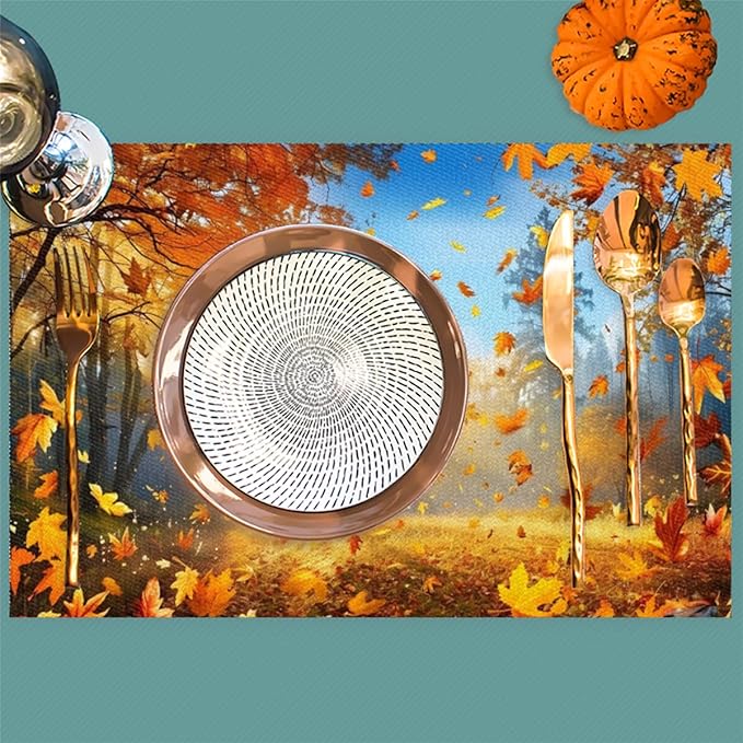 Forest Tree Fall Leaf Placemats Set of 4 PVC Vinyl Non Slip Table Mats Heat Resistant Place Mats Washable Wipeable Dining Table Mat for Kitchen Decor Party Indoor Outdoor Decorative Gift