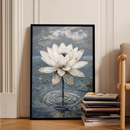Stunning white lotus emerges from prismatic water with delicate petals background Serene aquatic wall art suitable for modern minimalist decor 24x36in Metal blackFramed
