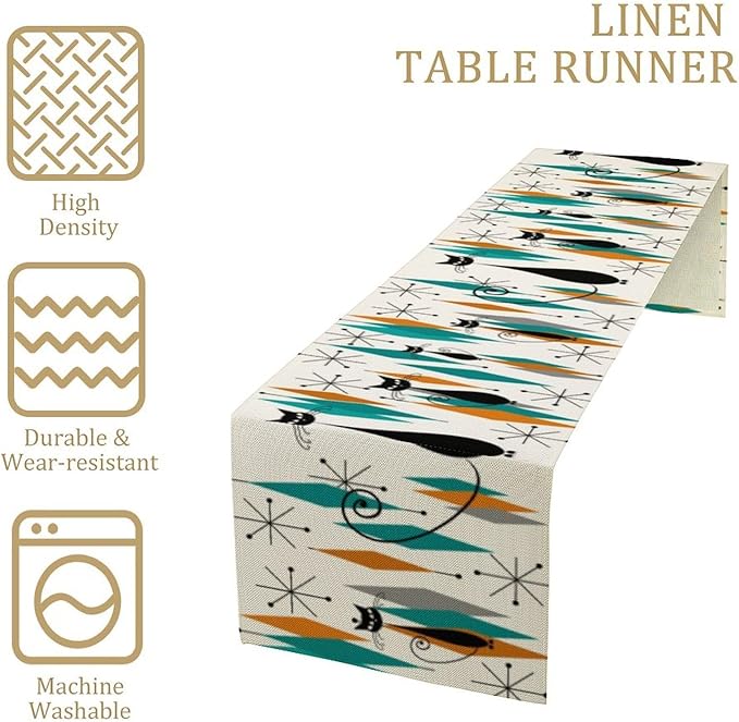 Mid Century Modern Black Cat Table Runner,Table Runners for Kitchen Dining Tables Decor Decoration for Kitchen Family Dinner Table Holiday Party Farmhouse 13 x 60 Inch