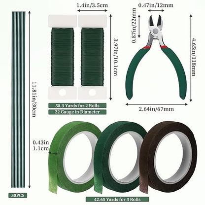 Flower Arrangements Supplies Kit with Floral Tape, 22 Gauge Floral Wire, 26 Gauge Flower Stems, Wire Cutter, Bouquet Accessories for Wreath, Christmas Tree, DIY Craft