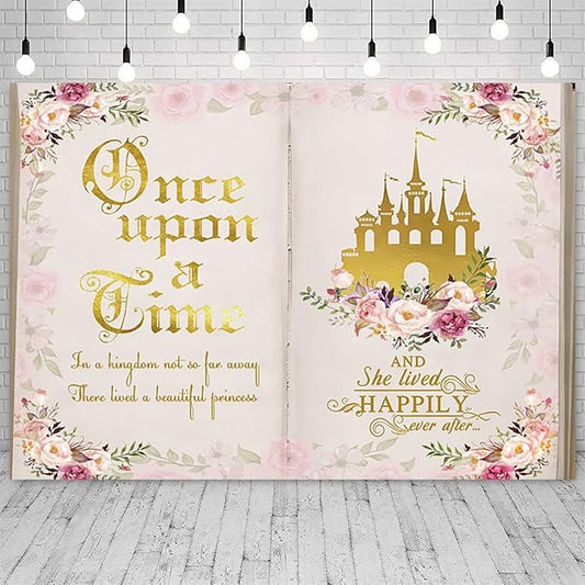 12x8ft Once Upon a Time Backdrop Fairy Tale Books Pink Floral Princess Castle Photography Background Romantic Wedding Birthday Party Banner Decorations Cake Table Decor