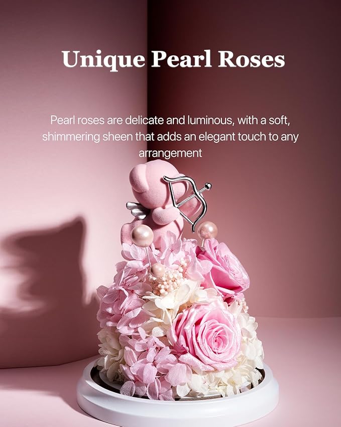 JoyFlower Preserved Flowers with Teddy Bear, Unique Pearl Roses Birthday Gifts for Women, Eternal Flower Rose Bear with Gift Box for Mom Girlfriend Wife on Valentine's, Mother's Day, Anniversary(Pink)