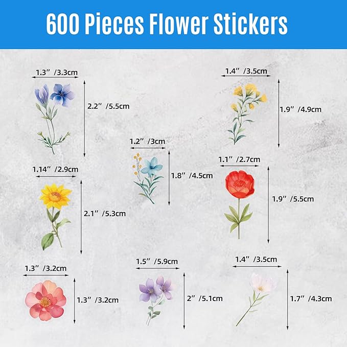 600Pcs Natural Flower Stickers,Self-Adhesive PVC Vintage Flower Stickers for Scrapbook,Laptop,Journal,DIY Project